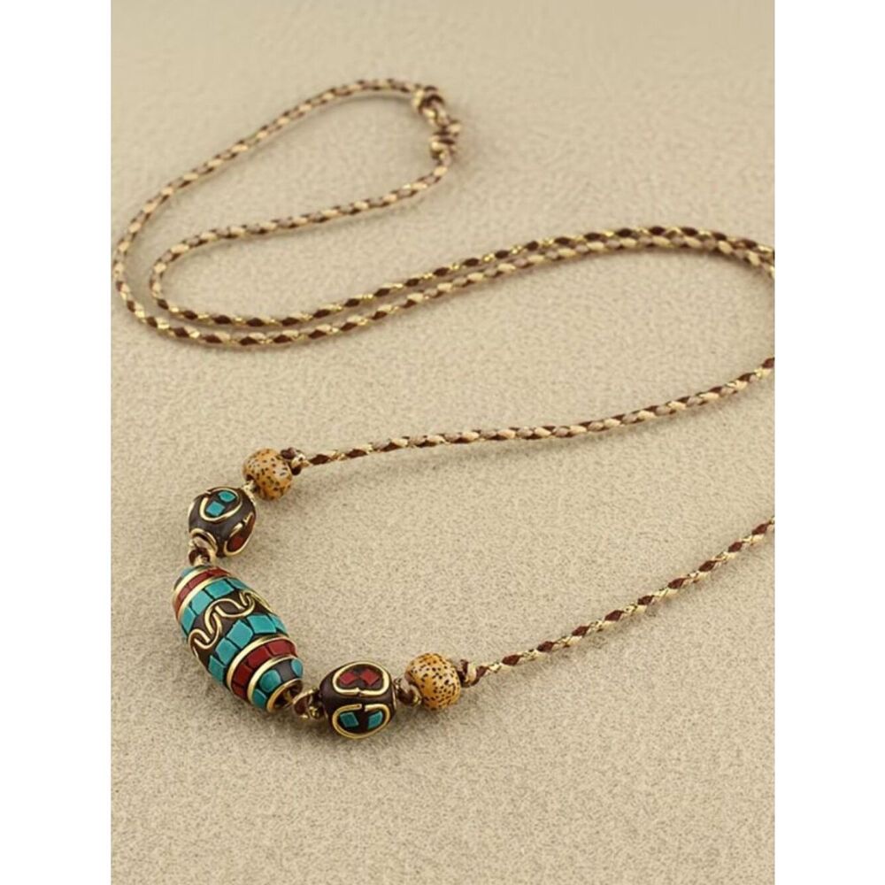 Handcrafted Nepalese Bead Pendant Adjustable Braided Two-Tone Cord Necklace